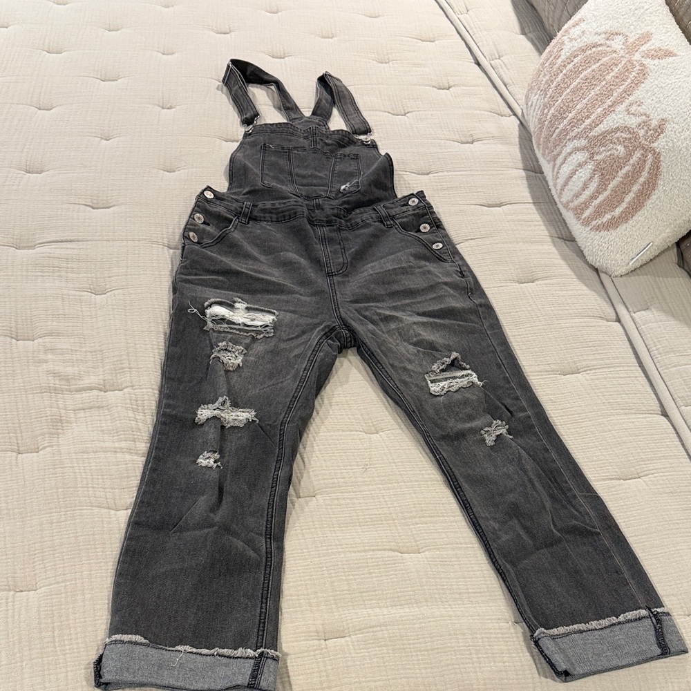 Distressed Black Denim Overalls